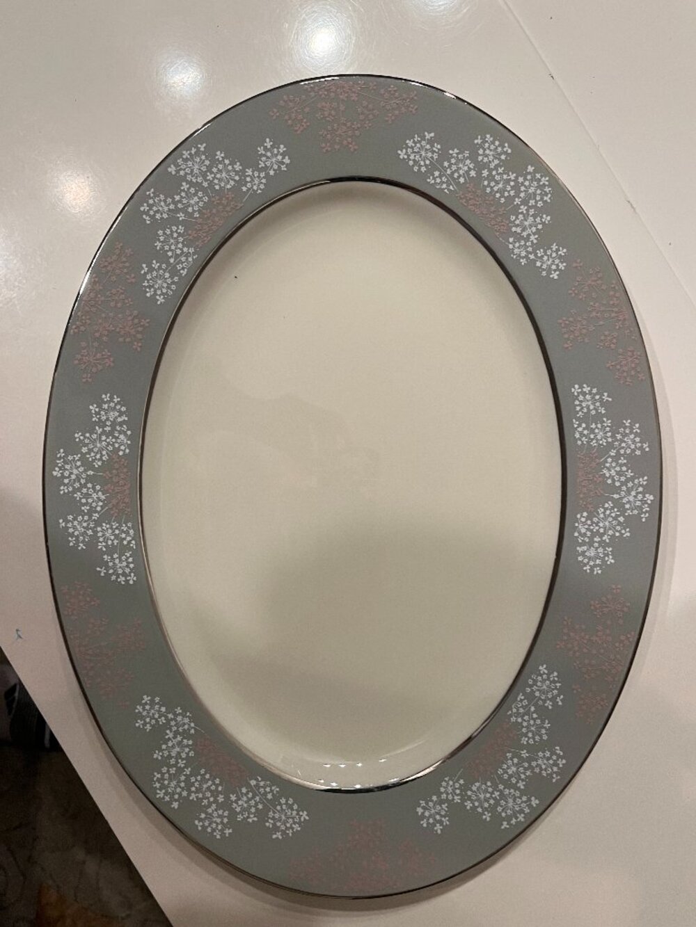 Castleton China Lace Oval Platter Gray Pink Floral (Discontinued Pattern)